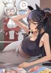  2girls absurdres ahoge anger_vein animal_ears arm_up armpits bare_shoulders biwa_hayahide_(umamusume) black_hair black_tank_top breasts calendar_(object) chips_(food) cleavage commentary_request crossed_arms ear_ornament food food_in_mouth grey_hair grey_pants hair_between_eyes highres horse_ears horse_girl horse_tail jacket jitome_no_tsugumi large_breasts long_hair lying magazine_(object) midriff multiple_girls narita_brian_(umamusume) navel on_side open_mouth pants ponytail potato_chips red_jacket red_pants rope semi-rimless_eyewear shimenawa spoken_anger_vein sweatpants tail tank_top teeth tracen_training_uniform track_jacket track_pants umamusume upper_teeth_only very_long_hair yellow_eyes 