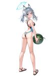  1girl absurdres animal_ear_fluff animal_ears ass black_one-piece_swimsuit blue_archive blue_eyes breasts competition_swimsuit covered_navel cross_hair_ornament extra_ears food from_behind fruit full_body grey_hair hair_ornament halo highres looking_at_viewer looking_back low_ponytail medium_breasts medium_hair mismatched_pupils multicolored_clothes multicolored_swimsuit one-piece_swimsuit pine_(angel4195202) sandals shiroko_(blue_archive) shiroko_(swimsuit)_(blue_archive) simple_background solo standing swimsuit watermelon white_background wolf_ears 