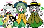  5girls arrow_(symbol) black_headwear blush_stickers bright_pupils buttons clinging colored_skin english_text floral_print food green_eyes green_hair green_skirt grey_hair hat highres himuhino holding holding_knife horror_(theme) knife koishi_komeiji&#039;s_heart-throbbing_adventure komeiji_koishi light_green_hair long_sleeves multiple_girls multiple_persona nicetack_(style) parody rose_print shirt shrimp shrimp_tempura simple_background skirt speech_bubble style_parody subterranean_animism tan_tan_pou tempura third_eye touhou urban_legend_in_limbo white_skin yellow_shirt 