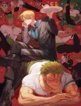  2boys black_jacket black_pants blonde_hair blue_shirt blush cigarette collared_shirt crossed_legs green_hair hair_over_one_eye jacket large_pectorals looking_at_another male_focus multiple_boys multiple_views muscular muscular_male necktie one_piece pants pectorals roronoa_zoro runa_(nori31291404) sanji_(one_piece) shirt short_hair sitting sitting_on_person tony_tony_chopper white_shirt yaoi 