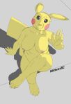  absurd_res anthro breasts claws female freckles fur generation_1_pokemon gesture hi_res high-angle_view looking_at_viewer looking_up mittensbc nintendo nipple_slip nude paws pikachu pokemon pokemon_(species) shaded simple_background simple_shading sketch solo waving yellow_body yellow_fur 