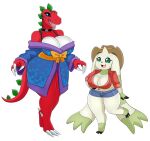  absurd_res anthro asian_clothing bandai_namco big_breasts big_ears blue_eyes bottomwear breasts claws clothing collar digimon digimon_(species) duo east_asian_clothing female green_eyes hat headgear headwear hi_res horn japanese_clothing kimono red_body shirt shorts simple_background size_difference tail terriermon toe_claws topwear tyrannomon urusee584 white_background white_body 