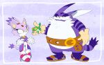  1boy 1girl belt big_the_cat blaze_the_cat cat_boy cat_girl eyelashes forehead_jewel froggy_(sonic) fur-trimmed_footwear fur-trimmed_gloves fur_trim gloves gold_necklace high_heels jacket jewelry lumspark necklace pants pink_footwear purple_fur purple_jacket sandals sonic_(series) sweatdrop white_fur white_pants yellow_eyes 