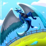  1:1 absurd_res ambiguous_gender anthro belly blue_eyes digital_media_(artwork) dragon duo feathered_wings feathers flying footprint fur furred_dragon hair hi_res holding_stomach horn huge_filesize pawprint poundbandana scales simple_background smile soarin_(soarinthederg) text vore wings 