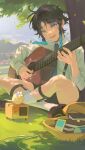  1boy bird bishounen black_hair braid crossed_legs flower fridaynightcat genshin_impact grass green_eyes green_hair guitar hair_flower hair_ornament highres instrument lumine_(genshin_impact) male_focus multicolored_hair outdoors shade short_hair smile solo streaked_hair thighs tree under_tree venti_(genshin_impact) 