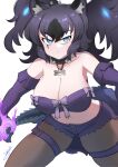  1girl animal_ears big_hair black_hair breasts cerberus_(kemono_friends) cleavage collar dog_ears elbow_gloves gloves glowing glowing_hair hanging_breasts highres huge_breasts john_(a2556349) kemono_friends kemono_friends_3 looking_at_viewer multicolored_hair navel pantyhose_under_shorts purple_hair scar scar_across_eye scar_on_face shorts solo spiked_collar spikes strapless tail two_side_up 
