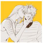  2boys arm_tattoo black_nails daybit_sem_void fate/grand_order fate_(series) hand_on_another&#039;s_head jewelry kiss kissing_cheek male_focus multiple_boys necklace nobicco shirt shoulder_tattoo simple_background tattoo tezcatlipoca_(fate) upper_body white_shirt yaoi yellow_background 
