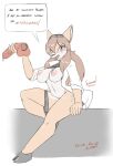  2017 5_fingers anthro black_hooves breasts brown_eyes brown_hair brown_nose chubby_anthro chubby_female clothed clothing coat copyright_symbol deer dildo doctor_doe english_text eyebrows female fingers fur hair hi_res hooves humor lab_coat mammal navel nipples open_mouth pink_nipples pink_tongue sex_toy slightly_chubby solo spazman symbol tan_body tan_fur text tongue topwear 