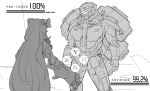  1boy 1girl absurdres azur_lane character_request commander_(azur_lane) commentary_request gameplay_mechanics heads-up_display health_bar highres long_hair looking_at_another metal_gear_(series) metal_gear_rising:_revengeance monochrome official_alternate_costume parody power_armor siren_(azur_lane) stenerwg translation_request 