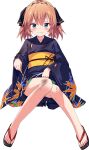  1girl black_kimono black_ribbon blue_eyes blush brown_hair bruise full_body hachijou_(kancolle) hair_ribbon injury japanese_clothes kantai_collection kimono legs long_sleeves official_art ribbon short_hair sitting solo torn_clothes torn_kimono transparent_background ugume yukata 