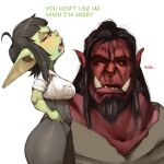  absurd_res anthro argosornstein brown_hair female goblin hair hi_res humanoid intimidation looking_up male orc short_stack size_difference 