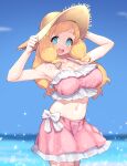  1girl absurdres alternate_breast_size armpits arms_up bikini blonde_hair breasts cleavage cowboy_shot frilled_bikini frills hat highres indie_virtual_youtuber ishii_onkami large_breasts long_hair looking_at_viewer open_mouth outdoors pink_bikini shinonome_megu smile solo standing stomach sun_hat swimsuit swimsuit_skirt virtual_youtuber 