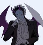  1boy adachi_tooru akinashi_(uw_0w0) black_hair black_jacket collared_shirt commentary_request demon_boy demon_horns demon_wings fingernails grey_background hand_on_own_cheek hand_on_own_face hand_on_own_leg hand_up highres horns jacket long_sleeves looking_at_viewer male_focus persona persona_4 purple_horns purple_wings sharp_fingernails shirt short_hair simple_background smile solo white_shirt wings yellow_eyes 