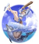  1girl animal_ears brown_eyes brown_hair chipmunk_ears chipmunk_girl chipmunk_tail dolphin extra_ears highres innertube kemono_friends kemono_friends_v_project navel ocean sandals short_hair siberian_chipmunk_(kemono_friends) swimsuit tail virtual_youtuber water_gun yoshida_hideyuki 