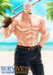  1boy abs bara beach cigar facial_hair feet_out_of_frame frown jitte kokorozashi large_pectorals long_sideburns looking_at_viewer male_focus mature_male muscular muscular_male navel nipples obliques one_piece outdoors pectorals sand scar scar_on_neck short_hair sideburns smoker_(one_piece) smoking solo standing stomach strongman_waist stubble summer topless_male weapon white_hair 
