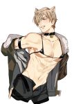  1boy animal_ears arm_strap bell bikini black_choker black_pants blonde_hair blue_eyes blush cat_boy cat_ears choker clenched_teeth collarbone crossdressing extra_ears fur-trimmed_jacket fur_trim hair_between_eyes highres jacket jujeop leon_s._kennedy male_focus muscular muscular_male navel neck_bell open_clothes open_jacket pants partially_undressed pectorals resident_evil resident_evil_4 resident_evil_4_(remake) short_hair solo string_bikini sweat swimsuit teeth thigh_strap topless_male undressing white_background 