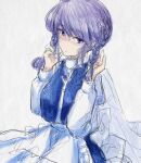  1girl alternate_hairstyle apron blue_eyes blue_hair blue_vest hand_in_own_hair highres koyane_(silver81106) letty_whiterock long_sleeves looking_to_the_side shirt solo touhou twintails twintails_day vest waist_apron white_apron white_background white_shirt 