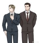  2boys absurdres adjusting_clothes adjusting_necktie alternate_costume alternate_hairstyle arms_behind_back bao_(bobobao21) bara beard blue_suit brown_hair brown_suit chris_redfield collared_shirt facial_hair feet_out_of_frame formal hair_slicked_back highres husband_and_husband large_pectorals leon_s._kennedy looking_to_the_side male_focus mature_male multiple_boys muscular muscular_male necktie pectorals resident_evil resident_evil_4 resident_evil_4_(remake) shirt short_hair sideburns standing stubble suit sweatdrop yaoi 