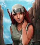  1girl absurdres bandana closed_mouth dark-skinned_female dark_skin earrings forehead_protector highres jewelry karui_(naruto) kumogakure_symbol long_hair naruto naruto_(series) naruto_shippuuden realistic red_hair signature sokartis solo weapon weapon_on_back yellow_eyes 