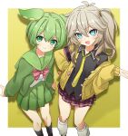  2girls :3 :d aqua_eyes asymmetrical_hair black_shirt black_socks border bow bowtie closed_mouth collared_shirt green_eyes green_hair green_jacket green_skirt highres jacket kasukabe_tsumugi kneehighs light_blush light_brown_hair looking_at_viewer loose_socks medium_hair multiple_girls necktie pea_pod pink_bow pink_bowtie pink_skirt plaid plaid_skirt shirt short_hair side_ponytail simple_background skirt smile socks unichan_(unics) v voicevox white_border white_shirt white_socks yellow_background yellow_jacket yellow_necktie zundamon 