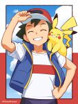  1boy arm_up ash_ketchum blue_jacket closed_eyes commentary grin hand_on_headwear hand_on_hip highres jacket kinocopro male_focus on_shoulder pikachu pokemon pokemon_(anime) pokemon_(creature) pokemon_journeys pokemon_on_shoulder shirt short_hair short_sleeves shorts sleeveless sleeveless_jacket smile t-shirt teeth twitter_username watermark white_shirt 