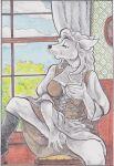  anthro bottomwear breast_grab breasts canid canine canis clothed clothed_anthro clothing clothing_lift female fingering fingering_self hand_on_breast hym_(artist) looking_away mammal masturbation partially_clothed sitting skirt skirt_lift solo traditional_media_(artwork) vaginal vaginal_fingering victorian window wolf 