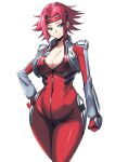  1girl absurdres blue_eyes bodysuit breasts cleavage clenched_hand closed_mouth code_geass cowboy_shot hairband hand_on_own_hip highres kallen_stadtfeld large_breasts looking_at_viewer red_bodysuit red_hair red_hairband short_hair simple_background skin_tight solo spiked_hair white_background wide_hips yamada_hatsune 
