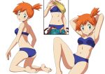  1girl armpits arms_behind_head barefoot bikini blue_bikini breasts clothes_lift commentary commission eyelashes feet green_eyes highres kneeling lifted_by_self looking_at_viewer misty_(pokemon) multiple_views navel one_side_up orange_hair parted_lips pokemon pokemon_(anime) shirt shirt_lift short_hair shoulder_blades simple_background suitenan swimsuit toes white_background yellow_shirt 