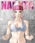  bra breasts calvin_klein green_eyes haruno_sakura headband highres naruto_(series) naruto_shippuuden navel non-web_source pink_hair small_breasts sweat underwear upper_body wall 