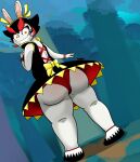  anthro beauty_mark big_butt black_clothing black_dress black_eyeshadow black_footwear black_hair black_shoes bottom_heavy bracelet butt clothed clothing dress eyeshadow female footwear fur hair hi_res highlights_(coloring) huge_butt jewelry kanya_(mario_plus_rabbids) lagomorph leporid looking_at_viewer looking_back looking_back_at_viewer makeup mammal mario_plus_rabbids_sparks_of_hope markings mole_(marking) orange_eyes panties rabbid rabbit raving_rabbids rayman_(series) rear_view red_bracelet red_clothing red_highlights red_panties red_underwear smile solo thick_thighs tophart ubisoft underwear upskirt white_body white_fur wide_hips yellow_bow 