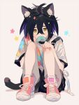  1boy alternate_costume animal_ears black_hair cat_boy cat_ears cat_tail commentary_request crossed_bangs ebi_(shrimp_eleven) fish_in_mouth full_body hair_between_eyes hands_up highres kieran_(pokemon) legs male_focus mouth_hold pink_footwear pokemon pokemon_(game) pokemon_sv shirt shoes short_hair short_sleeves shorts sitting solo star_(symbol) t-shirt tail white_background yellow_eyes 