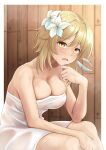  1girl bangs blonde_hair breasts cleavage collarbone feather_hair_ornament feathers flower genshin_impact hair_flower hair_ornament hiden_(takanori) highres hot indoors large_breasts light_blush looking_at_viewer lumine_(genshin_impact) naked_towel open_mouth sauna short_hair_with_long_locks sitting solo sweat towel white_flower white_towel wiping_sweat yellow_eyes 