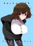  1girl 2018 bent_over black_jacket black_skirt blue_background breasts brown_hair collared_shirt comiket_95 copyright_request glasses han_(jackpot) jacket large_breasts medium_hair mole mole_under_mouth office_lady pantyhose pencil_skirt semi-rimless_eyewear shirt skirt solo white_shirt 