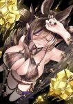  1girl 218 animal_ears asymmetrical_hair between_breasts breasts brown_hair brown_horns choker closed_eyes collarbone extra_ears from_above galleon_(granblue_fantasy) granblue_fantasy horns large_breasts long_hair looking_up multicolored_hair pointy_ears ribbon_choker solo staff streaked_hair swimsuit thigh_strap 