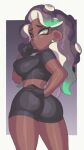  1girl ass back breasts crop_top dark-skinned_female dark_skin highres inkerton-kun lips marina_(splatoon) one_eye_closed sideboob solo splatoon_(series) splatoon_2 thighs very_dark_skin 