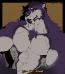  2023 abs amber_eyes anthro barazoku beard biceps chest_tuft digital_media_(artwork) eyebrows facial_hair fangs felid fur grey_body grey_fur hair hi_res male mammal muscular muscular_anthro muscular_male navel pecs purple_body purple_fur saber-toothed_tiger sabertooth_(anatomy) smile smilodon solo teeth timdoodles tuft were werefelid weresaber-toothed_tiger weresmilodon 