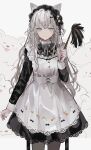 1girl animal_ears apron black_dress blue_eyes cat_ears cat_girl chiemo_(xcem) commentary dress duster english_commentary grey_hair highres lace-trimmed_apron lace-trimmed_dress lace_trim long_hair long_sleeves maid maid_headdress original white_apron 