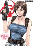  1girl blue_eyes breasts brown_hair closed_mouth fingerless_gloves gloves gun handgun holding jill_valentine looking_at_viewer oyaman resident_evil resident_evil_3:_nemesis short_hair simple_background solo weapon white_background 