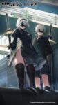  1boy 1girl 2b_(nier:automata) 9s_(nier:automata) black_blindfold black_dress black_gloves black_hairband black_thighhighs blindfold boots breasts choker clothing_cutout dress gloves goddess_of_victory:_nikke hairband highres juliet_sleeves long_sleeves medium_breasts mole mole_under_mouth nier:automata nier_(series) puffy_sleeves short_hair shorts thighhighs white_hair 