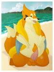  2020 2_tails 3_fingers 3_toes balls beach bedroom_eyes black_nose border detailed_background feet feral fingers floatzel fur generation_4_pokemon genitals green_eyes hi_res looking_at_viewer male multi_tail narrowed_eyes nintendo nude open_mouth orange_body orange_fur outside penis pink_penis pokemon pokemon_(species) seaside seductive slightly_chubby solo tail tapering_penis teeth theothefox toes tongue water white_border 