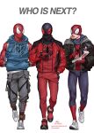  animal_print ben_reilly blue_bodysuit bodysuit bug full_body gloves highres hood hooded_bodysuit hoodie in-hyuk_lee jacket kaine_parker logo male_focus marvel mask multiple_boys peter_parker red_bodysuit scarlet_spider silk spider-man spider-man_(series) spider_print spider_web spider_web_print superhero two-tone_bodysuit western_comics_(style) 