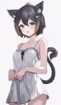  1girl animal_ear_fluff animal_ears bare_shoulders black_hair blue_eyes breasts cat_ears cat_girl cat_tail cowboy_shot dress fish_hair_ornament frilled_dress frills hair_ornament highres looking_at_viewer multicolored_hair nijisanji nijisanji_en open_mouth orange_hair petra_gurin ribbon short_hair small_breasts solo soybean_(hisoybean) spaghetti_strap streaked_hair tail virtual_youtuber white_background white_dress 