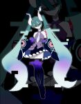  1girl aqua_hair bare_shoulders black_sleeves black_thighhighs closed_mouth commentary_request detached_arm detached_legs detached_sleeves expressionless full_body ghost_miku_(project_voltage) glitch gradient_hair grey_shirt hair_between_eyes hatsune_miku highres long_hair looking_at_viewer multicolored_hair necktie pale_skin pokemon print_sleeves project_voltage see-through see-through_skirt shirt skirt sleeves_past_fingers sleeves_past_wrists solo thighhighs twintails very_long_hair vocaloid wara_wa03 white_hair white_necktie will-o&#039;-the-wisp_(mythology) yellow_eyes zoom_layer 