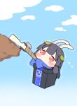  1girl animal_ears black_hair blue_archive blue_sky blush_stickers bolt_action chibi commentary flying_sweatdrops getting_over_it gun highres hime_cut holding holding_gun holding_weapon in_trash_can leaf leaf_on_head long_sleeves miyu_(blue_archive) mosin-nagant motion_lines parody rabbit_ears red_eyes rifle sky solo tearing_up tears trash_can trembling urode weapon 