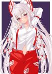  1girl arm_behind_head blush border bow collarbone collared_shirt cowboy_shot fujiwara_no_mokou hair_bow long_hair long_sleeves looking_at_viewer navel pants parted_lips red_eyes red_pants shirt sleeve_garter solo tosakaoil touhou very_long_hair white_border white_bow white_hair white_shirt 