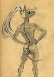  2018 annoyed anthro arched_back backsack balls butt canid canine canis choker frown genitals hair hands_on_hips hi_res hmph jackal jewelry long_hair long_ponytail looking_at_viewer looking_back male mammal monochrome necklace nude ponytail portrait pose rear_view scowl sepia simple_background slim solo tan_background textured_background three-quarter_portrait tush 