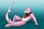  anthro bdsm bondage bound chastity_bulge chastity_device clothing collar dolfengra endium fish green_eyes key_on_collar male marine open_mouth pink_latex rubber rubber_clothing rubber_suit s.a.d._suit shark solo spread_legs spreading 