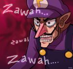  1boy 3eep big_nose brown_hair commentary english_text eyeliner facial_hair hat kaiji makeup male_focus mario_(series) mustache overalls parody pointy_ears purple_shirt shirt short_hair solo style_parody sweatdrop tearing_up waluigi zawa_(onomatopoeia) 