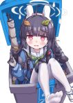 1girl @_@ ahoge animal_ears black_gloves black_hair blue_archive blue_serafuku blush bolt_action commentary_request fake_animal_ears gloves green_neckerchief gun halo headband highres in_container knee_pads leaf leaf_on_head long_hair long_sleeves looking_at_viewer miyu_(blue_archive) mosin-nagant neckerchief no_shoes pantyhose parted_lips pink_eyes puffy_long_sleeves puffy_sleeves rabbit_ears rifle sailor_collar school_uniform serafuku shoes sidelocks simple_background single_knee_pad sitting sneakers solo tearing_up toes trash_can two-tone_gloves weapon white_background white_gloves white_halo white_pantyhose white_sailor_collar yandama 