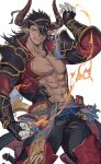  abs bara bare_pectorals black_pants clenched_hand cow_horns draph ear_piercing earrings eyepatch fingerless_gloves fire gauntlets gloves granblue_fantasy hashibiro_kou_(garapiko_p) highres horns jewelry looking_at_viewer pants pectorals piercing pointy_ears red_eyes reinhardtzar smile white_background 